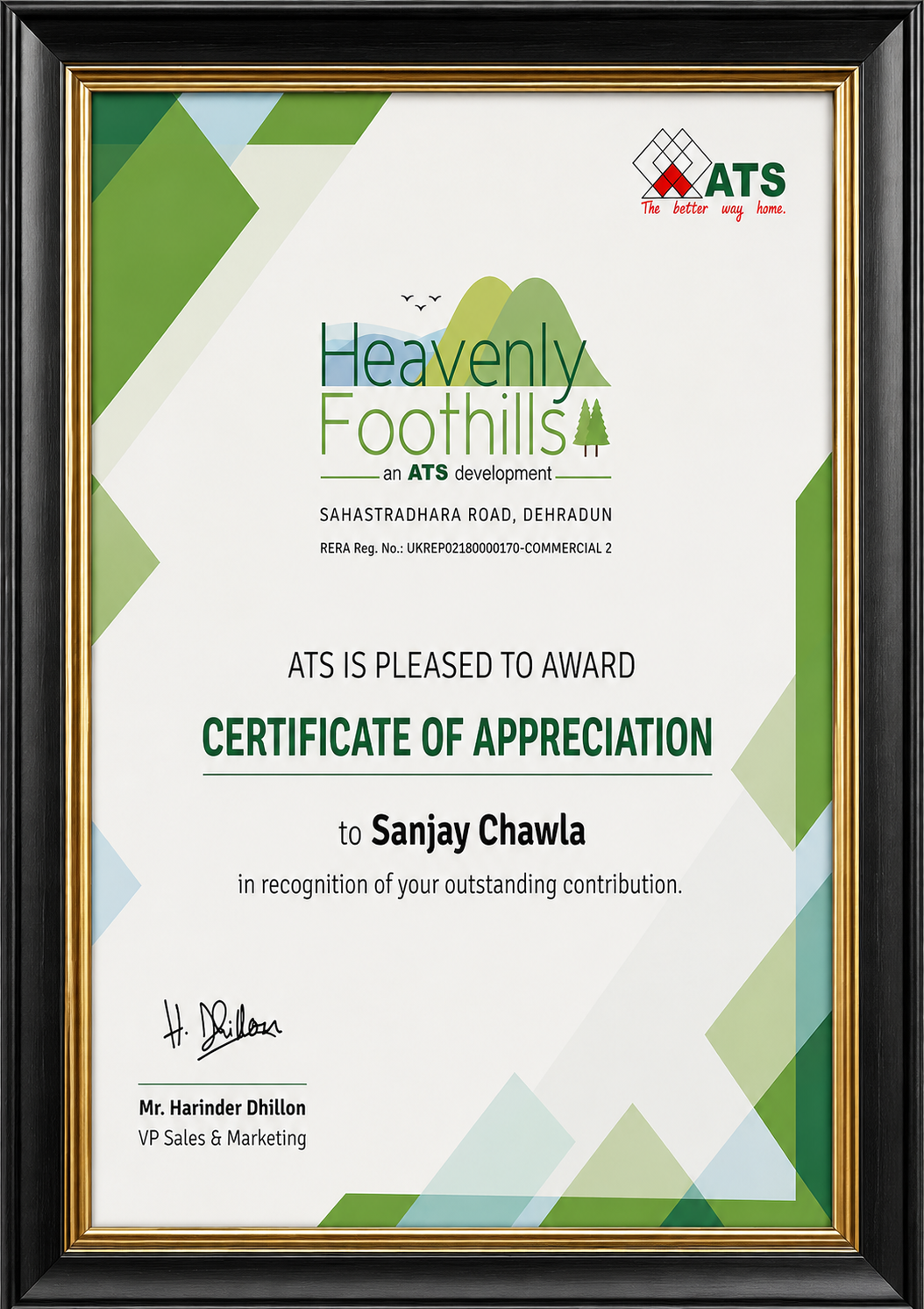ATS certificate of appreciation awarded to AD Interio