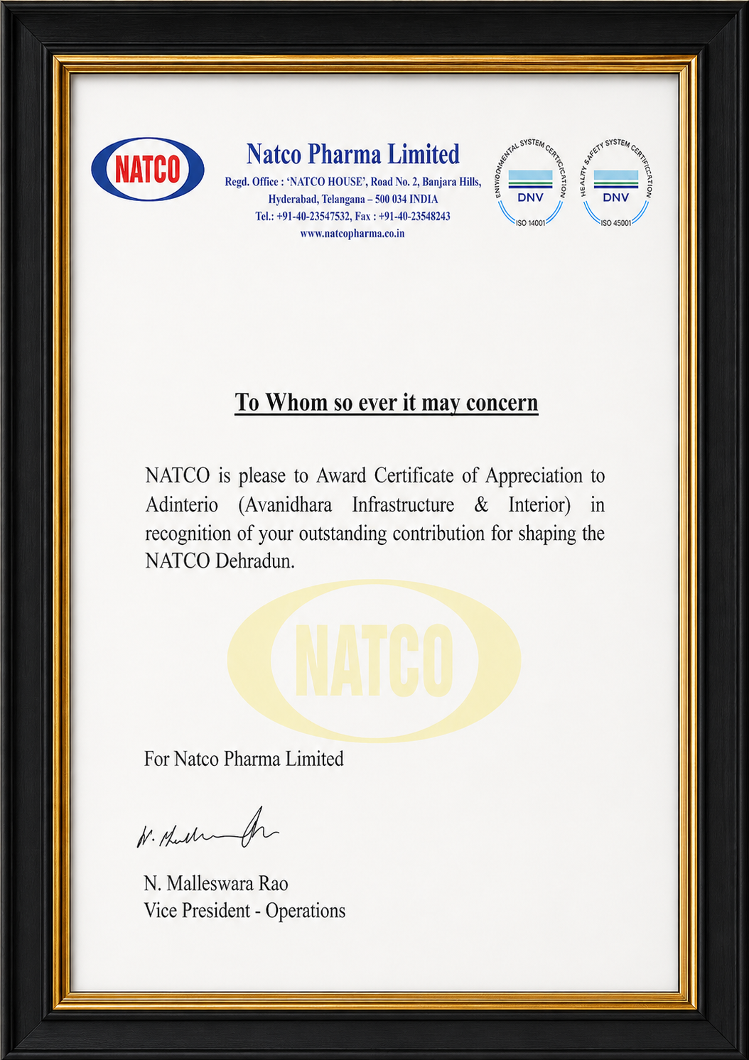 NATCO appreciation certificate awarded to AD Interio