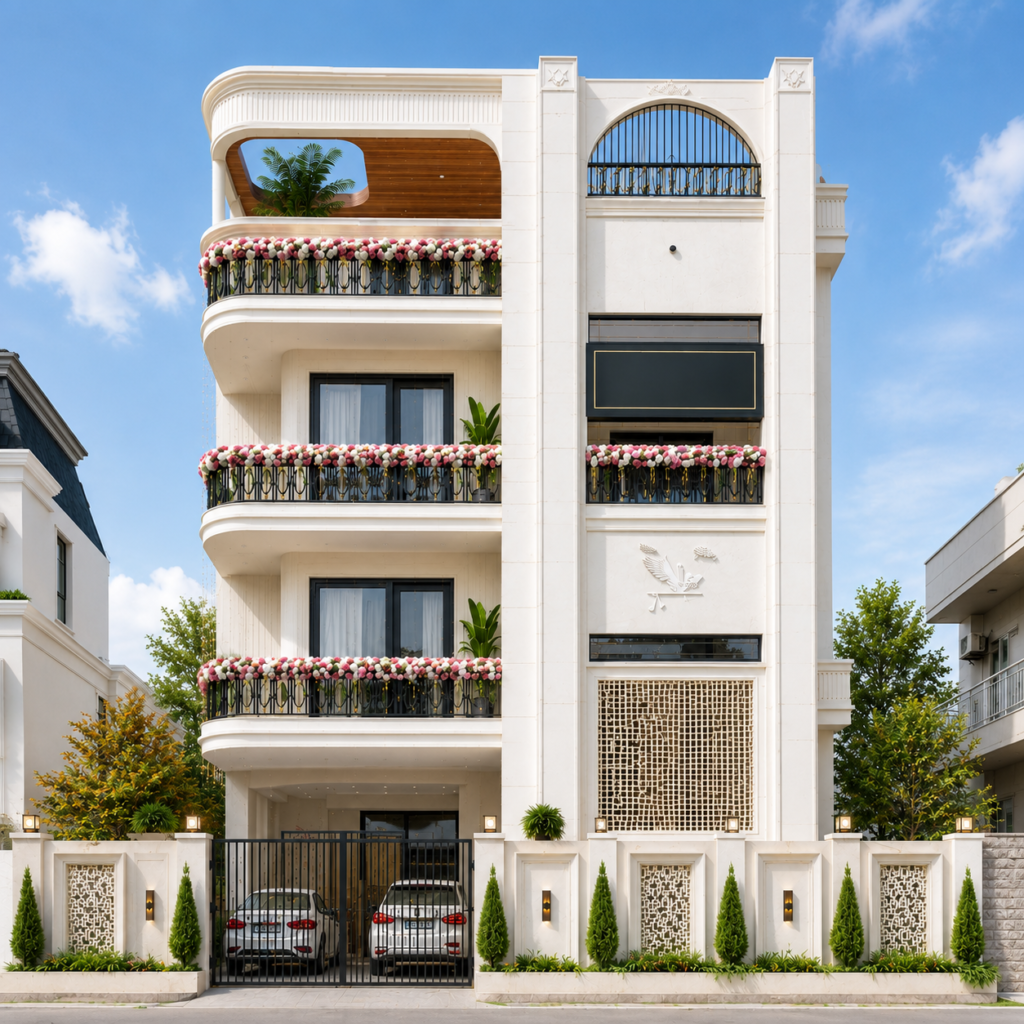 Modern residential exterior architecture by AD Interio in Dehradun